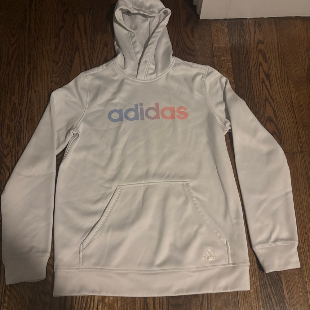 adidas White Hoodie with Pastel Blue and Pastel Pink Logo